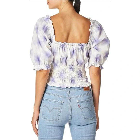 Levi's Large Tilly Printed Smocked Puff Sleeve Ruffle Trim Peasant Top - Picture 2 of 9